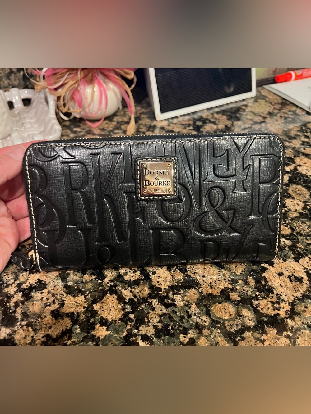 Dooney & Bourke Black Embossed Logo Wallet with Gold Plaque